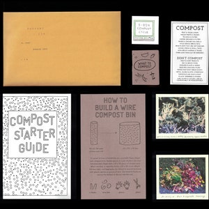 May include: A set of printable guides for composting, including a starter guide, a guide on how to build a wire compost bin, and a list of what to compost and what not to compost. The guides are printed on brown paper with black ink and feature illustrations.
