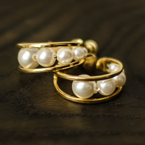 Pearl hoop earrings gold, Huggie hoop earrings for women by Napier