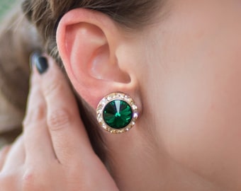 Faceted emerald stud earring, Formal earrings vintage, Non pierced earrings
