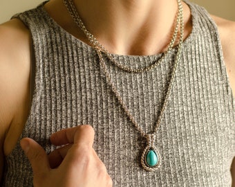 Faux turquoise necklace by Avon jewelry, Western pendant necklace rope chain