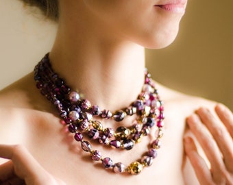 Amethyst crystal necklace, Multi layer beaded necklace Art deco jewelry