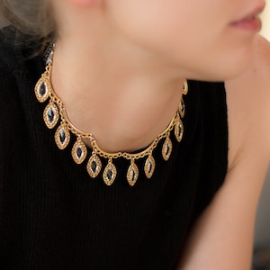Marquise bezel set necklace for women, Old Hollywood dangle choker, Bridal crystal choker