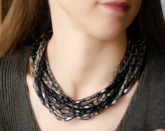 Black bib necklace by Joan Rivers jewelry, Multistrand mesh necklace, Chunky chain choker