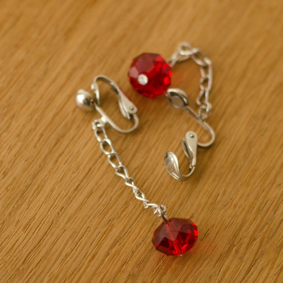 Ruby Red crystal Clip on earrings: Extra long dan… - image 5