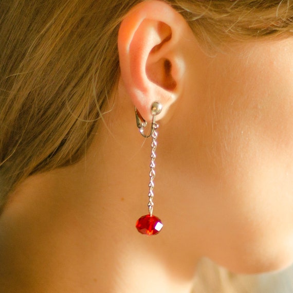 Ruby Red crystal Clip on earrings: Extra long dan… - image 4