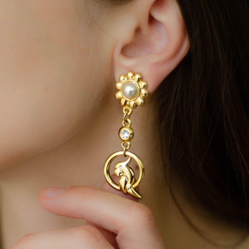Parrot earrings vintage, Extra long earrings bird lover gift, Non pierced earrings image 3