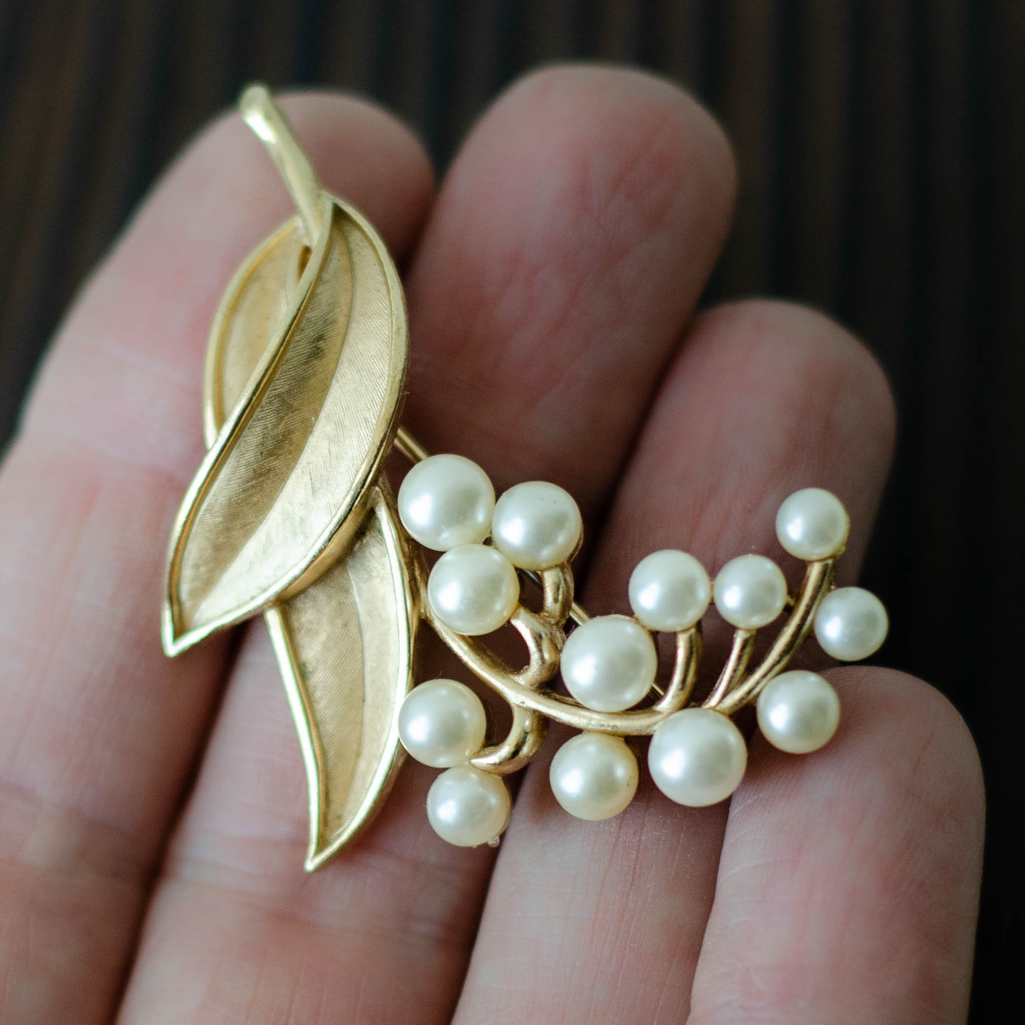 Crown Trifari Pearl Brooch Bouquet, June Birthstone Costume