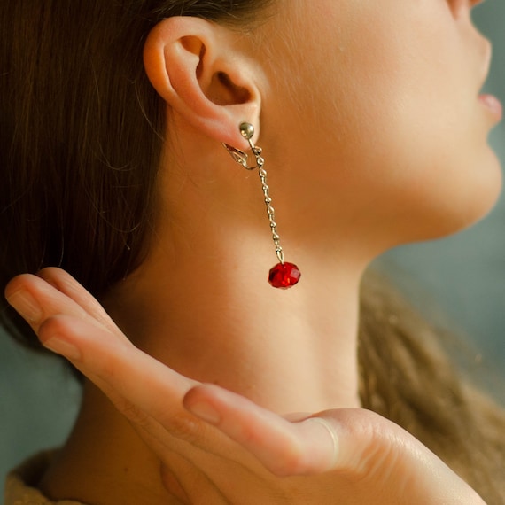 Ruby Red crystal Clip on earrings: Extra long dan… - image 1