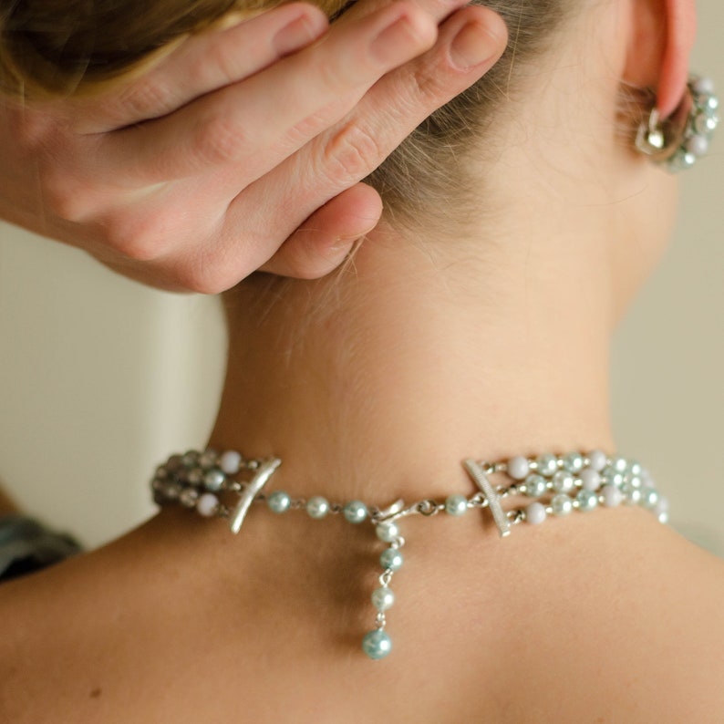 Japan jewelry set: Turquoise beads choker necklace and flower earrings image 2