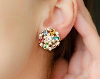 Multicolor earrings vintage, Screw back floral earrings, Colorful earrings for women