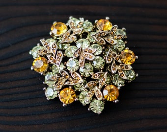 Amber glass jewelry large vintage brooch, Flower rhinestone brooch