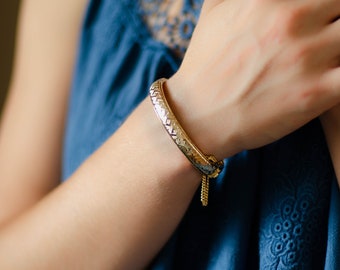 Vintage gold bangle bracelet for women, Geometric hinged bracelet, Small wrist bracelet