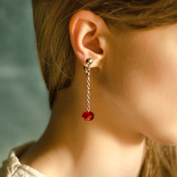 Ruby Red crystal Clip on earrings: Extra long dan… - image 2