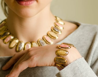 Pastel enamel necklace and gold link bracelet, Summer choker collar with classy bracelet
