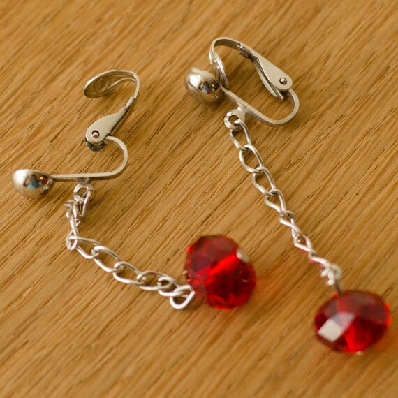 Ruby Red crystal Clip on earrings: Extra long dan… - image 6