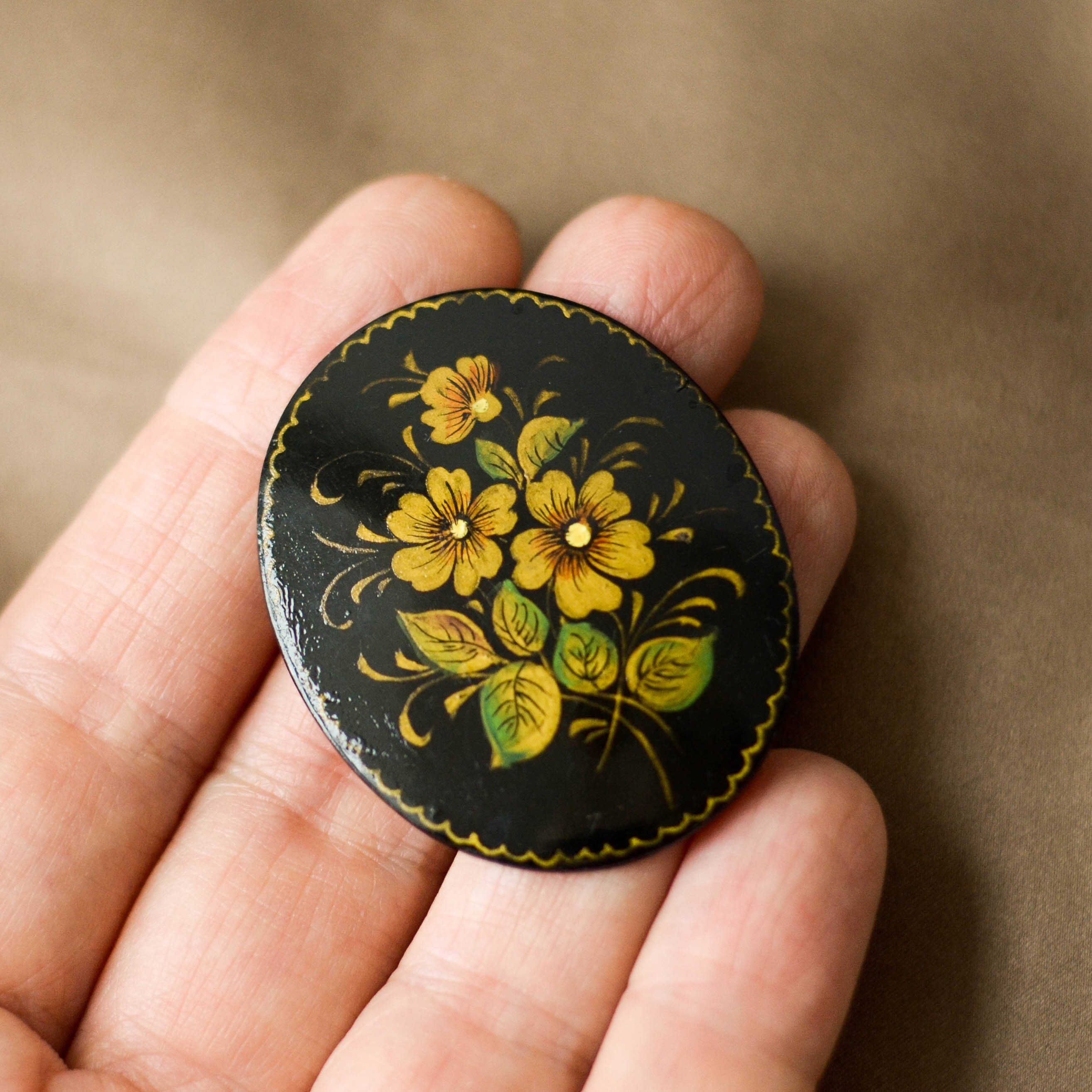 Russian folk art lacquer brooch Zhostovo hand painted brooch Etsy