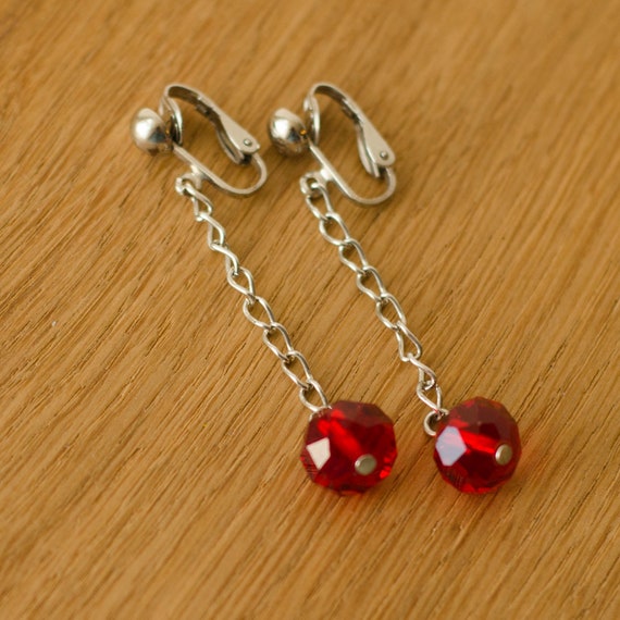 Ruby Red crystal Clip on earrings: Extra long dan… - image 3