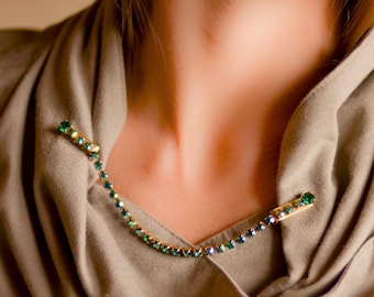 AB rhinestones collar pin chain, Green sweater guard, Costume jewelry cardigan clips