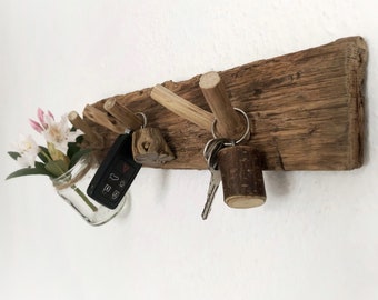 Towel holder, old wood, hook rail "oak wood with 3 delicate branch hooks"