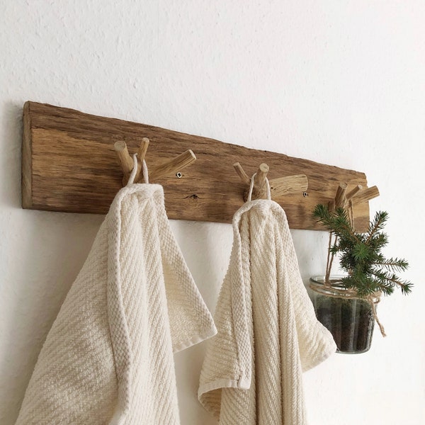 Towel holder, reclaimed wood, hook rack "oak wood with 3 branch hooks"