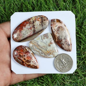 Red Crazy Lace Agate Gemstone Lot, 4 Pcs 195 Carat, Natural Crazy Lace Agate Cabochon, Silver Jewelry, Making For Silver Jewelry Supply
