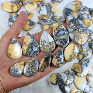 K&ouml;nnte beinhalten: Eine Sammlung von &uuml;ber 20 Cabochons aus Naturstein in verschiedenen Braunt&ouml;nen, Grau- und Wei&szlig;t&ouml;nen. Die Steine sind tropfenf&ouml;rmig und haben ein gesprenkeltes, marmoriertes Muster.