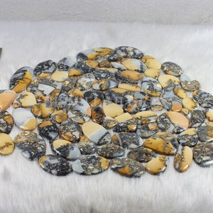 K&ouml;nnte beinhalten: Eine Sammlung von 50 nat&uuml;rlichen, polierten, ovalen Landschaftsjaspis-Cabochons. Die Steine sind eine Mischung aus Braun, Wei&szlig; und Schwarz mit einer Vielzahl von Mustern.