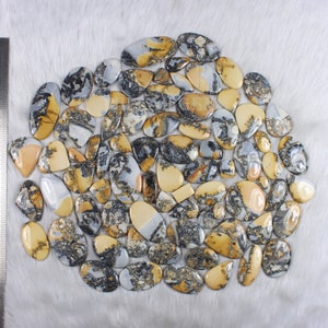 K&ouml;nnte beinhalten: Eine Sammlung von etwa 50 nat&uuml;rlichen Edelstein-Cabochons in verschiedenen Formen und Gr&ouml;&szlig;en. Die Steine sind eine Mischung aus Wei&szlig;, Grau und Braun mit schwarzen und goldenen Flecken. Die Cabochons sind ideal f&uuml;r die Schmuckherstellung oder das Basteln.