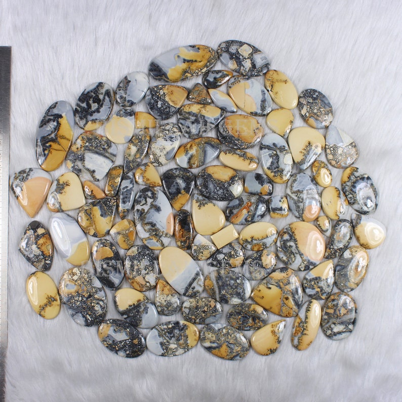 K&ouml;nnte beinhalten: Eine Sammlung von etwa 50 nat&uuml;rlichen Edelstein-Cabochons in verschiedenen Formen und Gr&ouml;&szlig;en. Die Steine sind eine Mischung aus Wei&szlig;, Grau und Braun mit schwarzen und goldenen Flecken. Die Cabochons sind ideal f&uuml;r die Schmuckherstellung oder das Basteln.