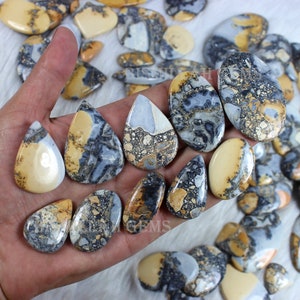 K&ouml;nnte beinhalten: Eine Sammlung von tropfenf&ouml;rmigen, polierten, nat&uuml;rlichen Edelstein-Cabochons. Die Steine sind eine Mischung aus Braun, Wei&szlig; und Grau mit einem gesprenkelten Muster.