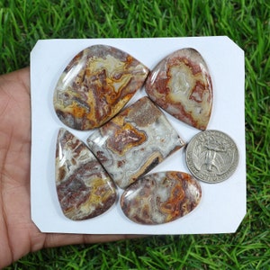 Yellow Crazy Lace Agate Cabochons: 5 Piece Jewelry Making Set