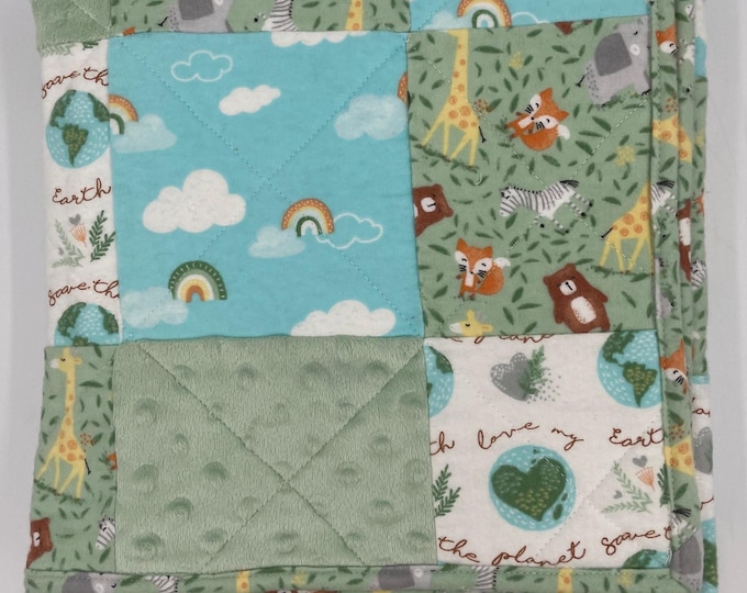 Patchwork Baby Quilt: Handmade Modern 'Save the Earth' Lovey (Finished Product)