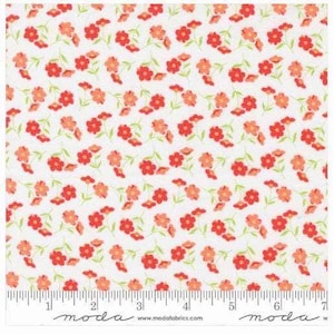 Può includere: Un tessuto bianco con un motivo ripetuto di piccoli fiori rossi e color corallo con steli e foglie verde chiaro. Sul bordo inferiore è visibile un righello con una scala in centimetri da zero a diciotto, con il testo moda e modafabrics.com.