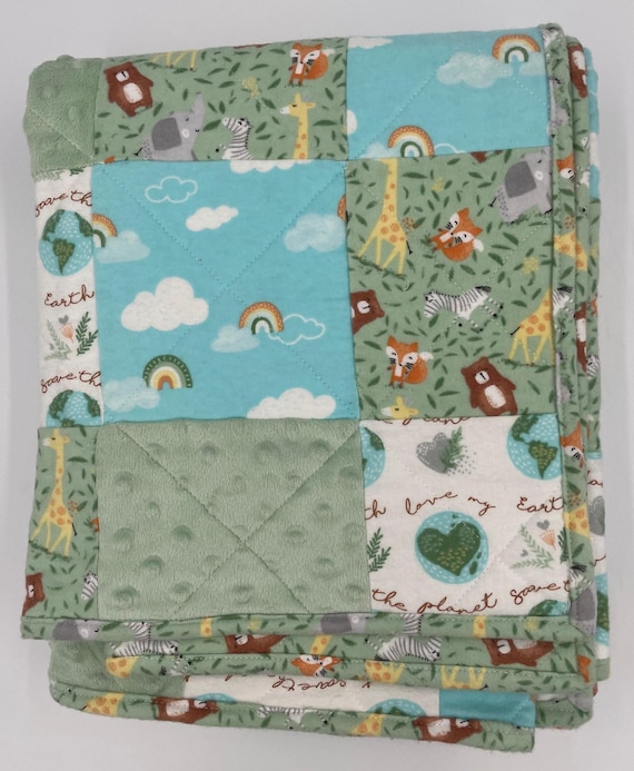 Patchwork Save the Earth Quilt | Modern baby quilt | Handmade baby quilt | Save the Earth Lovey | Baby Shower Gift