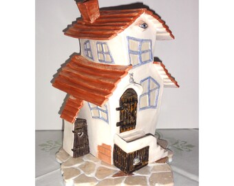 Ceramic House with God's Eye Clay Sculpture Handcraft Garden Decoration