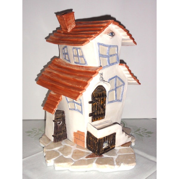 Keramik-Haus mit Gottesauge-Ton-Skulptur-Handfertigung-Gartendekoration