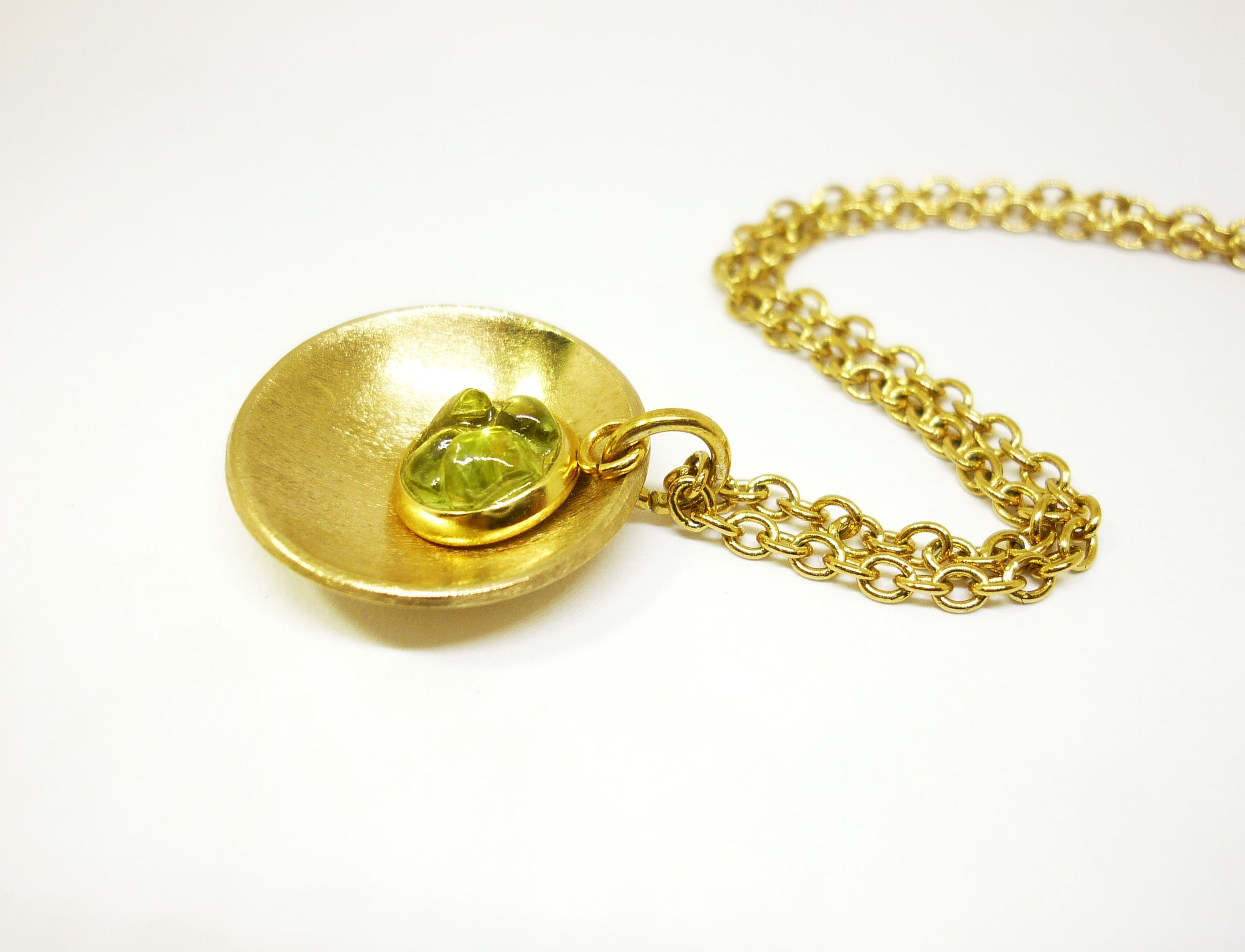 Peridot or agate pendant in gold-plated brass bowl on gold-plated stainless steel chain