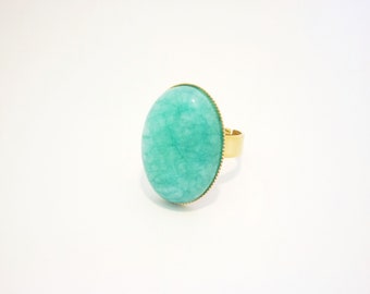 Jade-Cabochon Ring, türkis- oder pinkfarben, Zeigefingerring, vergoldet, größenverstellbar