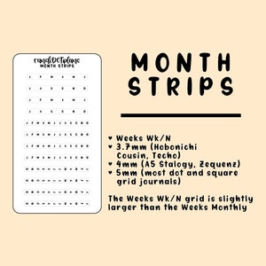 May include: Black and white printable month strips for planners. The strips are designed for use with Hobonichi, Cousin, Techo, Stalogy, and Zequenz planners. The strips are available in 3.7mm, 4mm, and 5mm sizes. The text "randibotplans MONTH STRIPS" is at the top of the image.