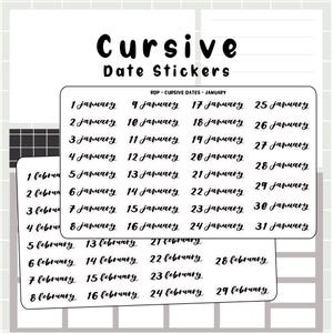 Puede incluir: Hojas de pegatinas blancas con texto en cursiva negro que dice "Cursive Date Stickers". Las pegatinas están organizadas por mes, con fechas de enero y febrero. También es visible el texto "RDP - CURSIVE DATES - JANUARY".