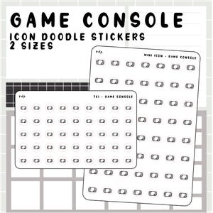 May include: Two sheets of white stickers with black doodle game console icons. The stickers are labeled "GAME CONSOLE ICON DOODLE STICKERS 2 SIZES". One sheet is labeled "TCI - GAME CONSOLE" and "MINI ICON - GAME CONSOLE".