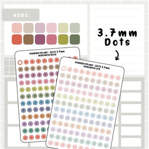 May include: Two sheets of sticker dots for planners and journals. The sheet on the left has bold, 3.7 mm dots in various colors, including red, orange, brown, pink, purple, green, blue, and teal. The sheet on the right has lighter, 3.7 mm dots in various colors, including pink, peach, beige, light blue, and gray. The text "RANDIDOTPLANS - DOTS 3.7mm HOBONICHI BOLD" is at the top of the left sheet. The text "RANDIDOTPLANS - DOTS 3.7mm HOBONICHI LITE" is at the top of the right sheet.