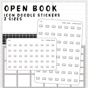 Puede incluir: Dos hojas de pegatinas de garabatos de iconos con diseños de libros abiertos. Las pegatinas son de dos tamaños, con el texto "OPEN BOOK ICON DOODLE STICKERS 2 SIZES" en la parte superior. Las pegatinas son en blanco y negro.