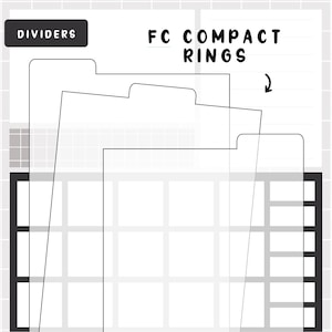 Puede incluir: Separadores de plástico transparente para FC Compact Rings. Los separadores tienen un diseño con pestañas y están superpuestos sobre un fondo de cuadrícula. El texto "DIVIDERS" está en un rectángulo negro en la esquina superior izquierda. El texto "FC COMPACT RINGS" está en la esquina superior derecha.