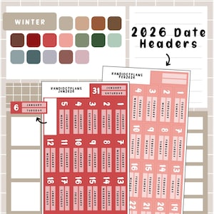 May include: A collection of planner stickers with a winter theme. The stickers include date headers for 2026 in a red and white color scheme, along with a color palette. The text "WINTER" is at the top.
