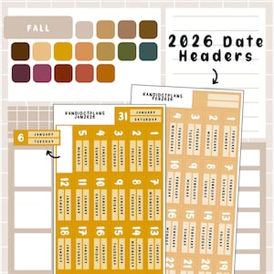 Puede incluir: Un conjunto de pegatinas para planificador y encabezados de fechas en una paleta de colores otoñal. Las pegatinas incluyen fechas de enero y febrero de 2026, con varios días de la semana. El texto "FALL" está en la parte superior.