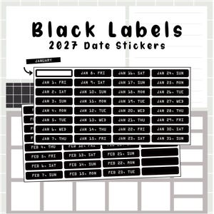 Puede incluir: Una hoja de pegatinas rectangulares negras con texto blanco para el año 2027. Las pegatinas están organizadas en filas y columnas, mostrando nombres de meses como enero y febrero seguidos del día de la semana. El texto Black Labels 2027 Date Stickers está impreso arriba.