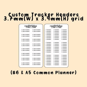 May include: Two sheets of printable planner stickers with black text on a white background. The stickers are designed for use in a B6 or A5 planner. The text on the stickers reads "2 Long Headers" and "7 Headers".