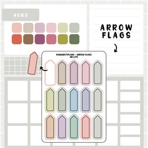 May include: A sheet of colorful arrow flag stickers with the text "RANDIDOTPLANS - ARROW FLAGS HB LITE" at the top. The stickers are in various pastel colors, including pink, blue, green, and yellow.