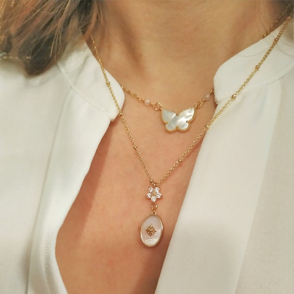 Collier Papillon en Nacre- -Collier perles naturelle quartz-Collier nacre -idée cadeau -cadeau pour femme-collier romantique-